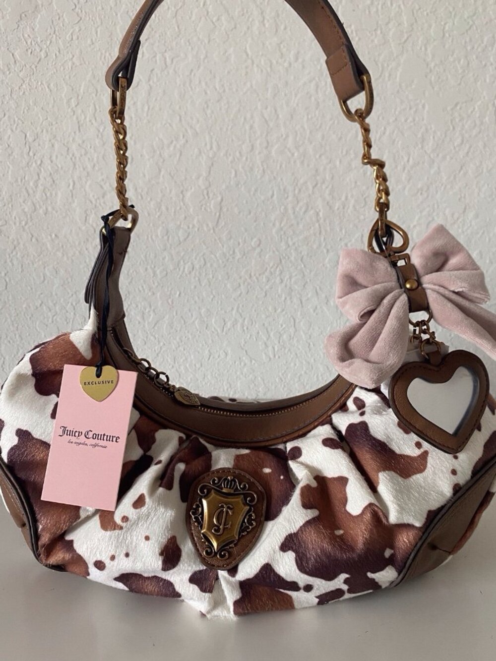 Juicy Couture‎ Romance Cow Print Hobo Coho Bag Saddle White W/Charm Viral NEW